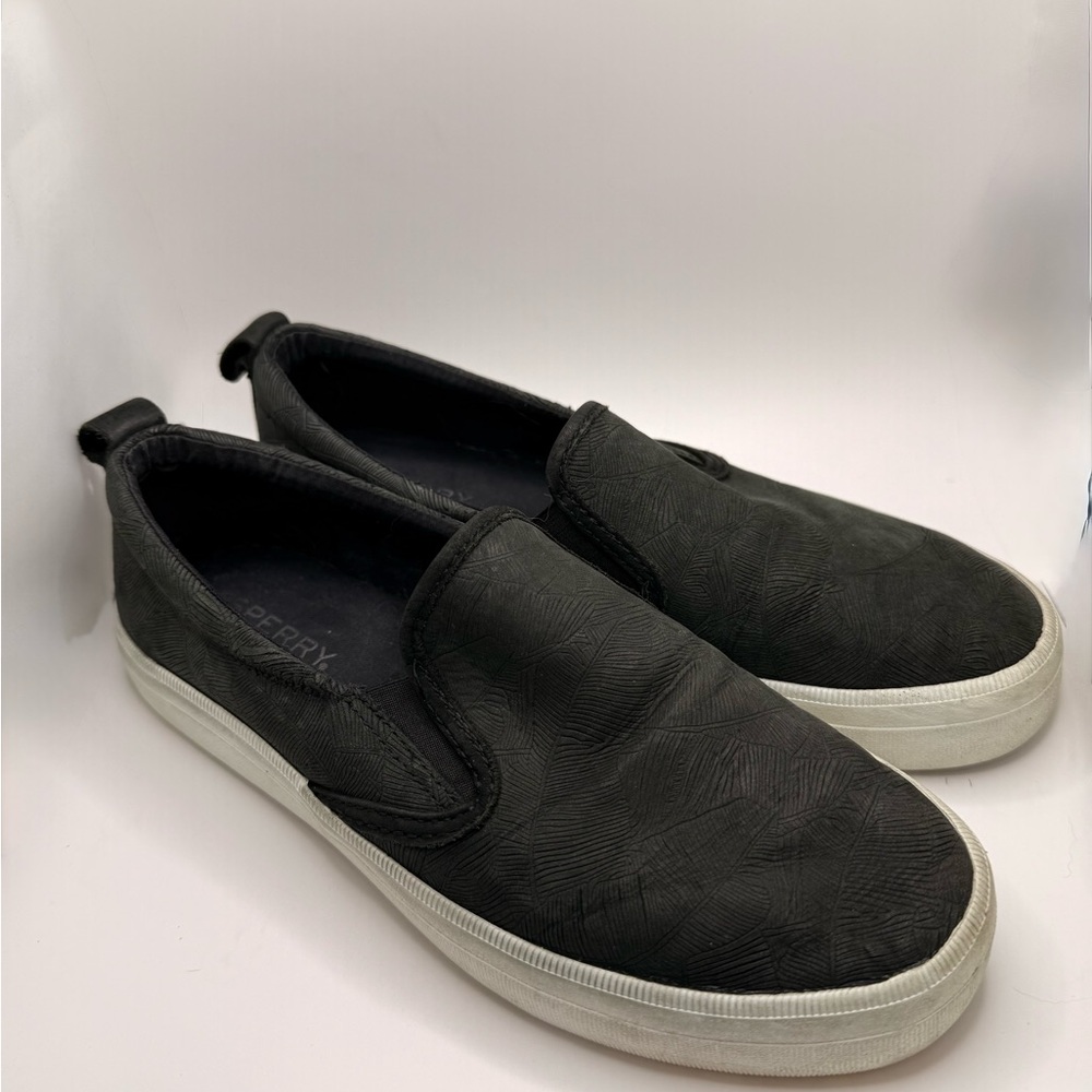 Sperry Textured Black Slip-On Loafers with White Sole